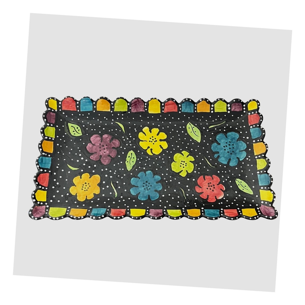 Handmade Studio Artisan Serving Platter ‎ Black Floral Polka Dot Scalloped Tray